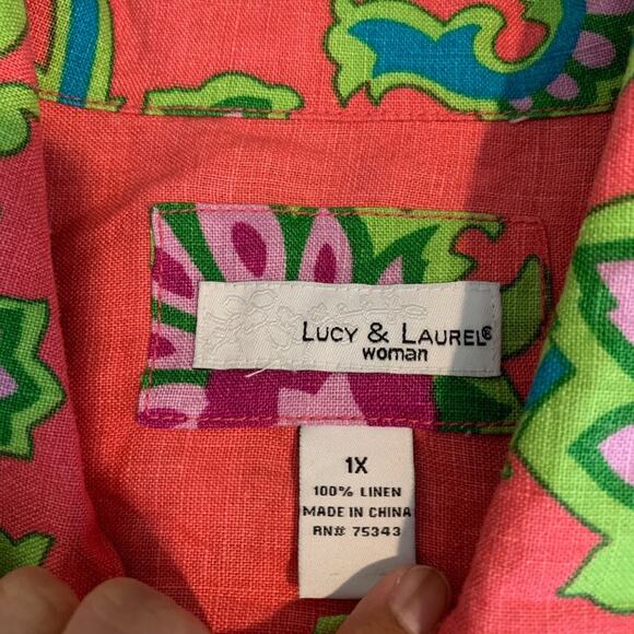 Lucy & Laurel Shirt Womens 1X Plus Bright Floral Linen Button Front Long Sleeve - Picture 7 of 10